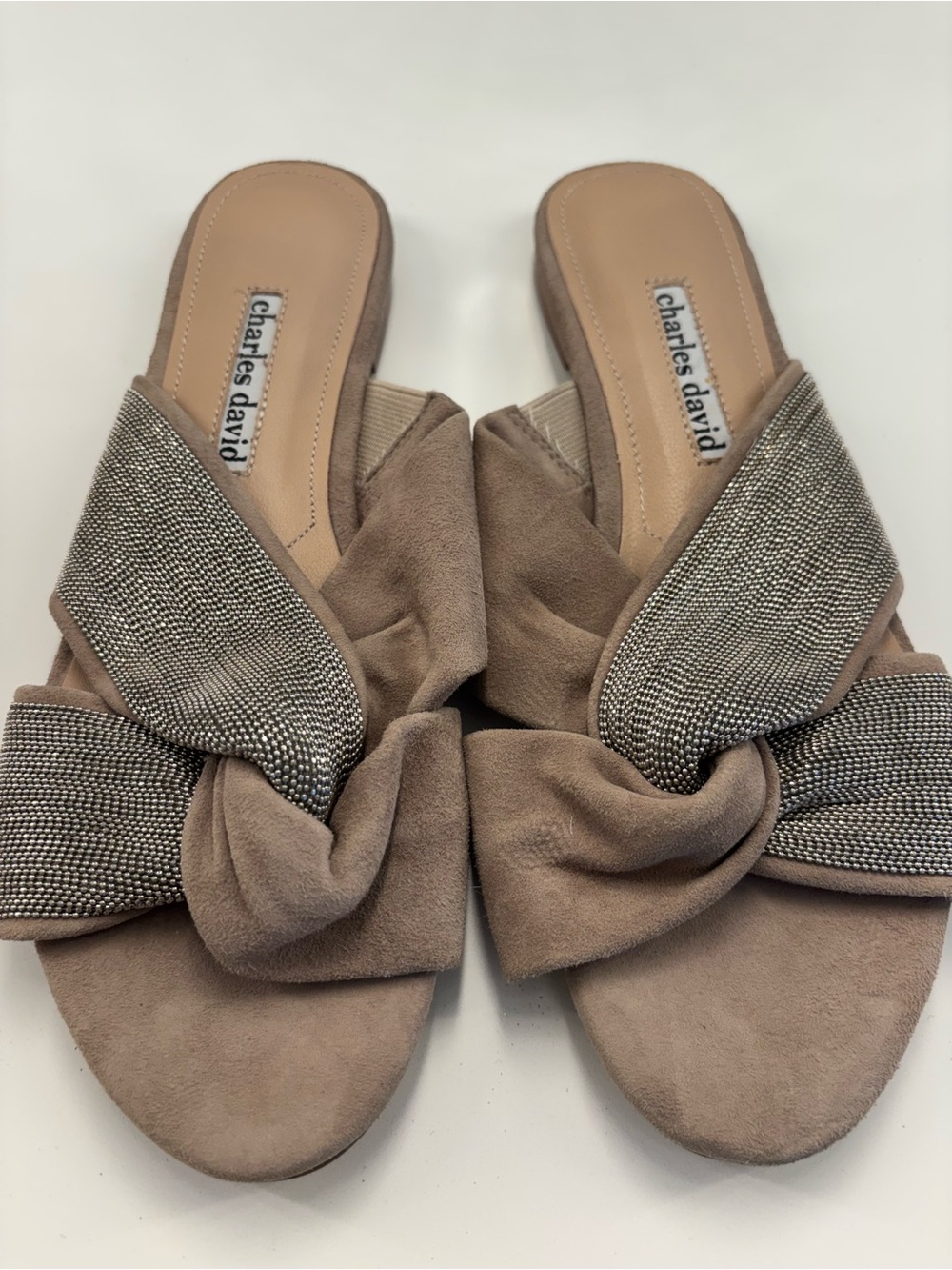 Charles David Kendall Taupe Suede Knot Slide Flat Sandals Metal Trim